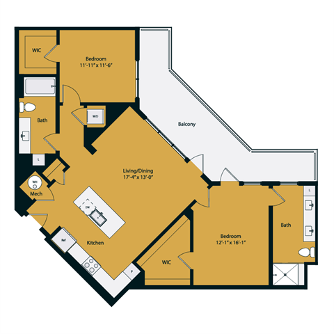 Floor plan for 2 beds, 2 baths, 1270 sqft